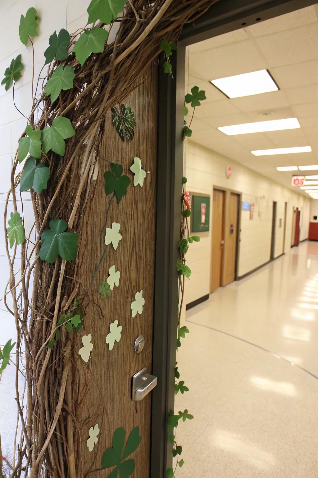 A classroom entrance featuring natural items such as branches and leaves for an earthy vibe.