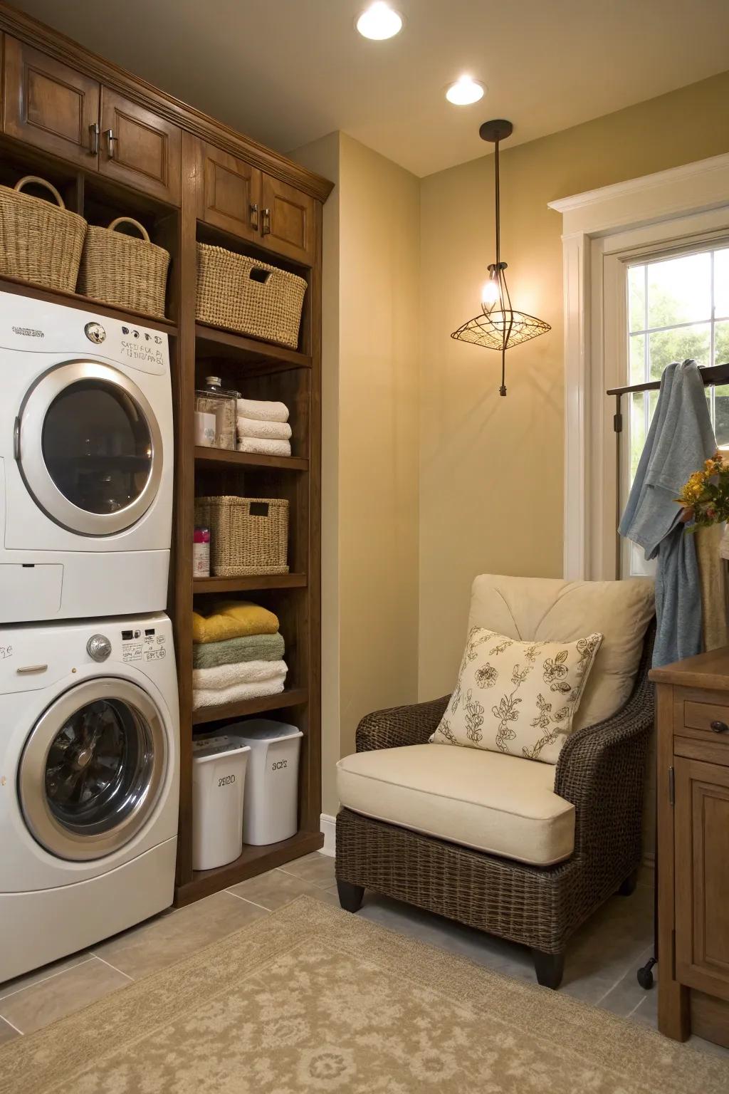 A cozy corner makes your laundry space more inviting and comfortable.