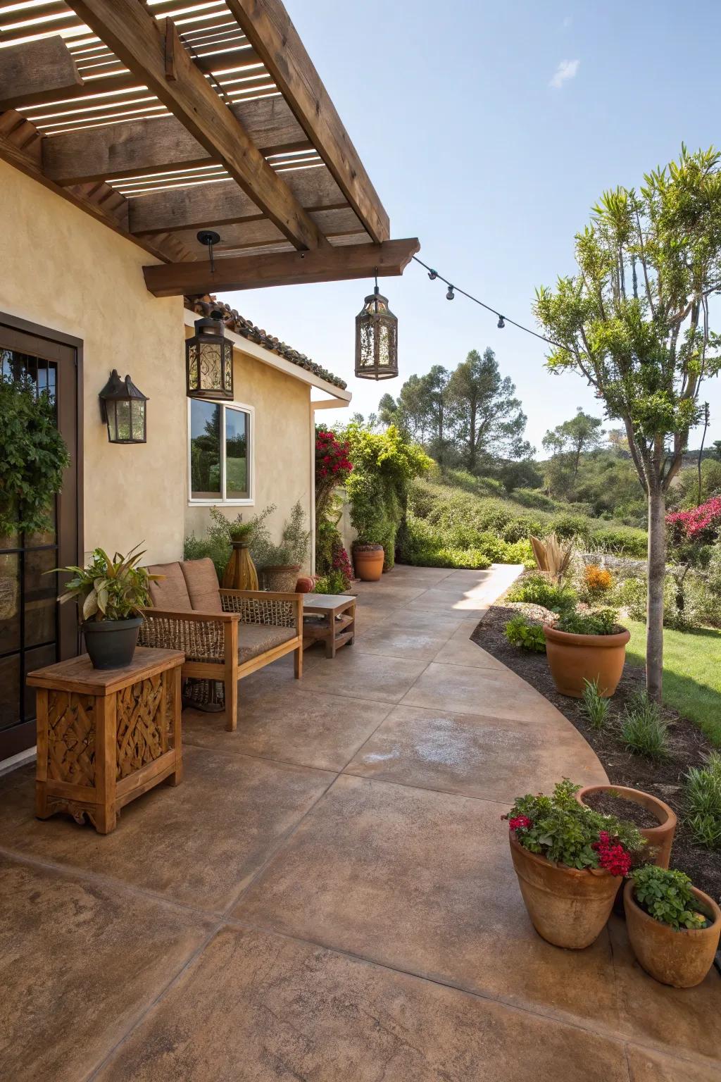 An eco-conscious patio with natural-toned concrete stains.