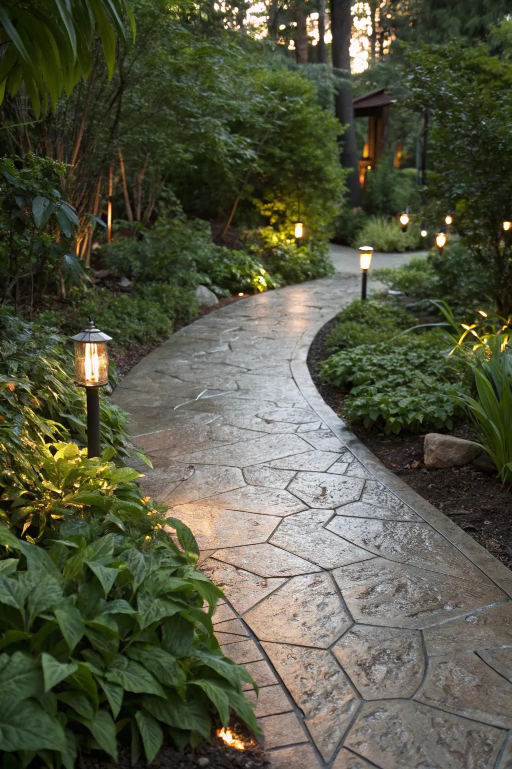 Gleaming metallic effects add a touch of glam to this garden pathway.