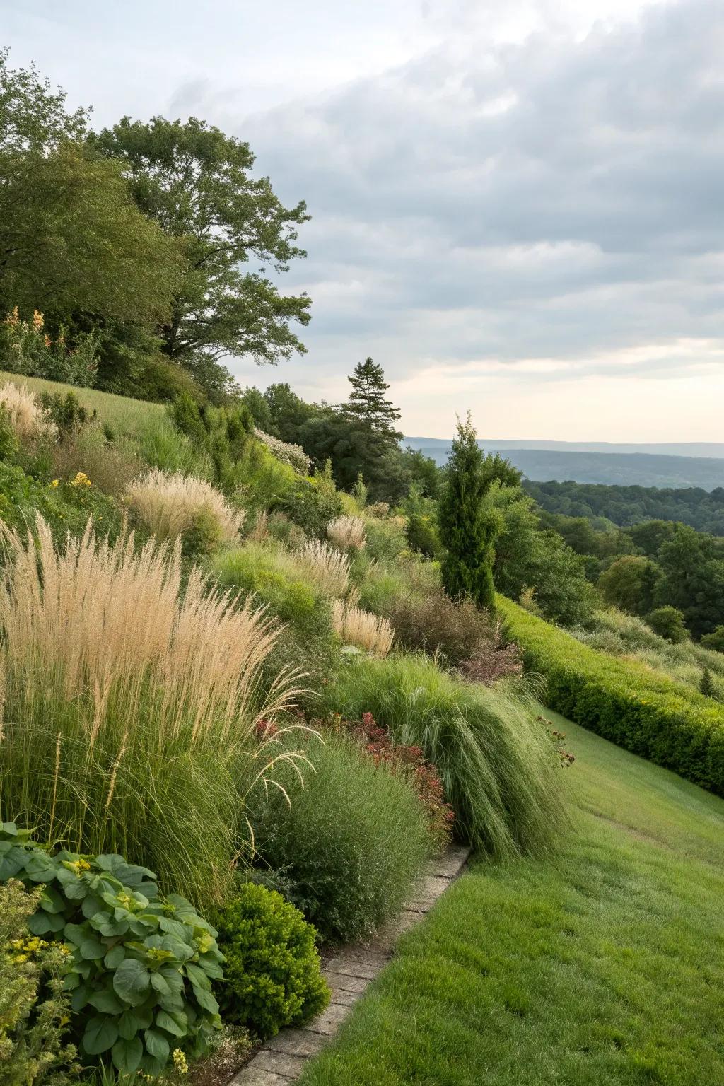 Tall plantings provide seclusion and structure on slopes.
