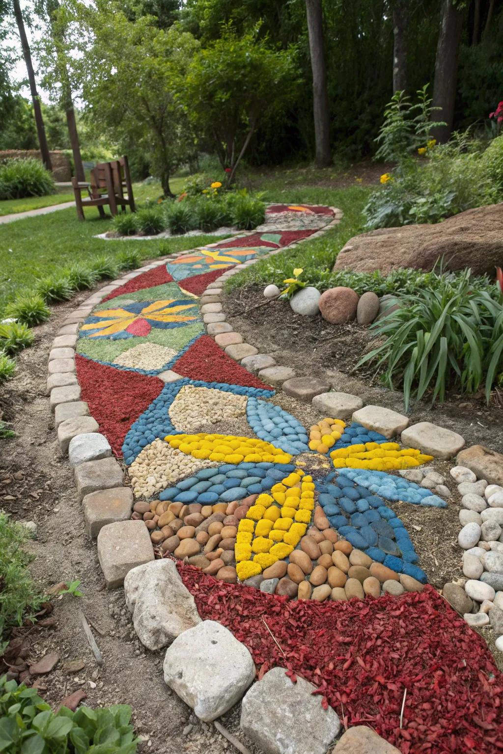 Express your artistic side with a mulch and stone mosaic.