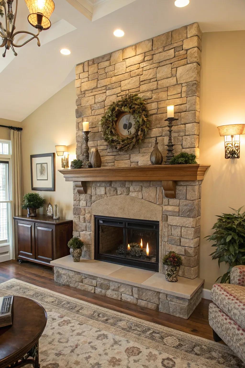 A balanced area showcases a stone fireplace and symmetrical décor that enhances the mantel.