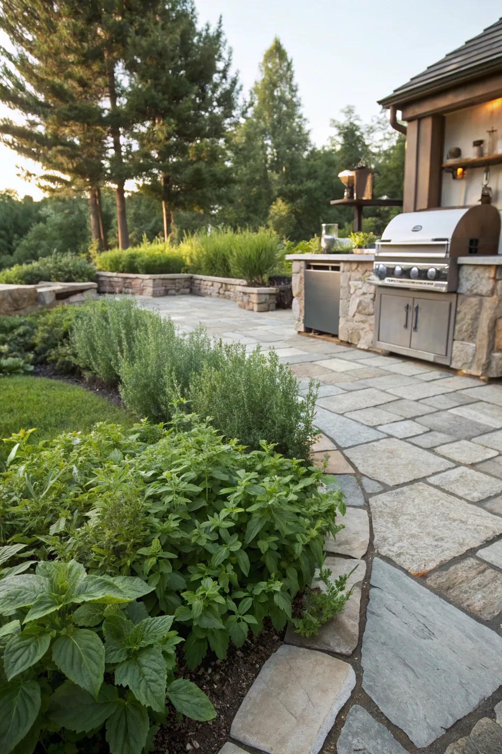 A stone patio featuring a practical spice garden.