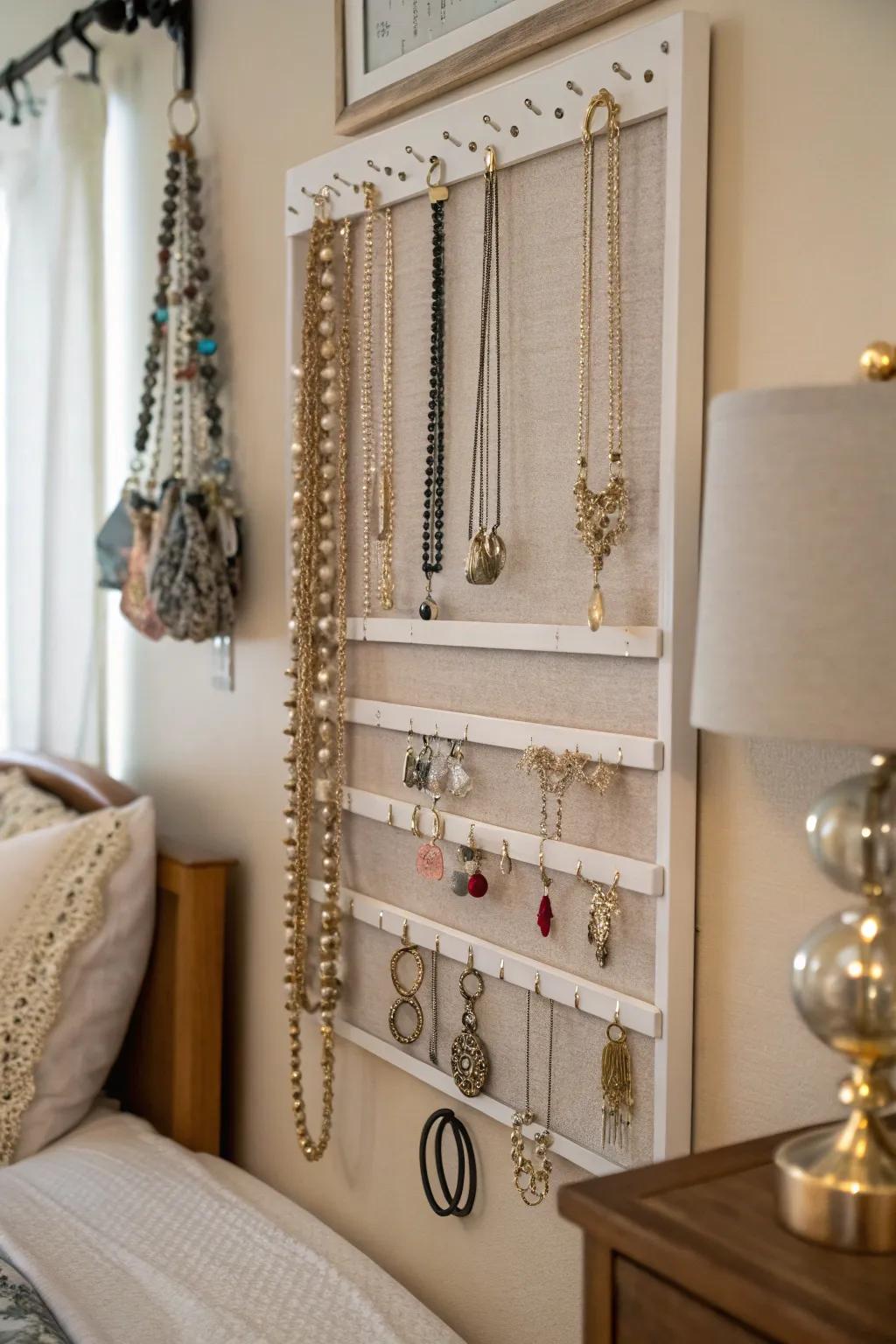 Display and organize jewelry with a chic wall-mounted piece.