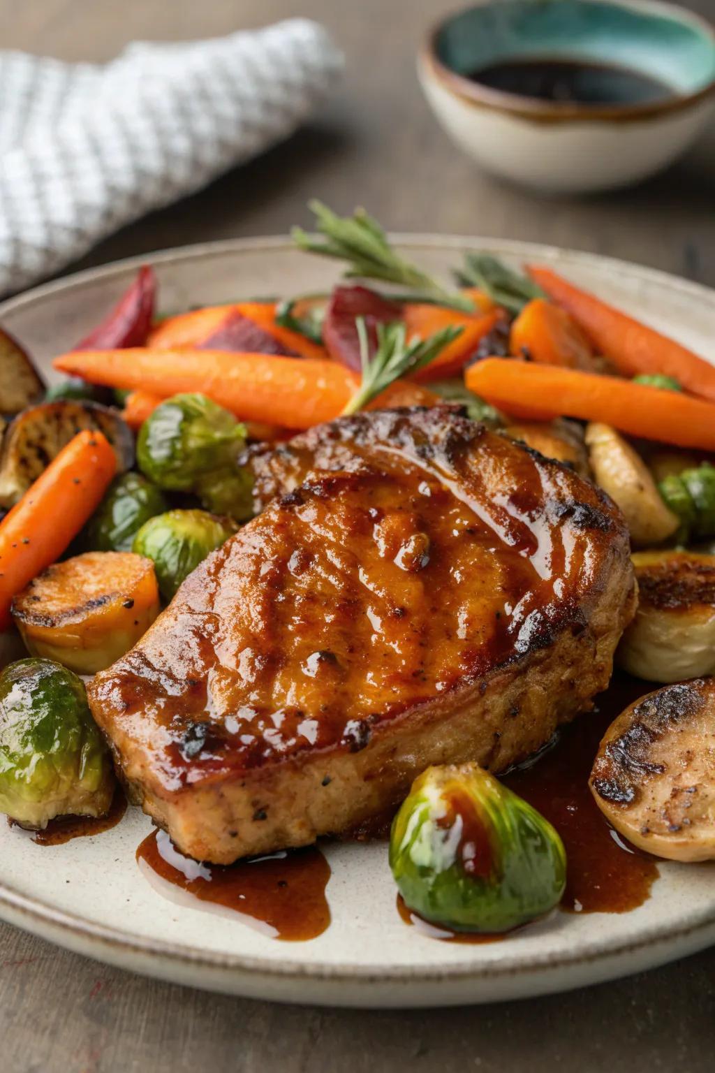 Balsamic glazed pork chops, sweet and savory.