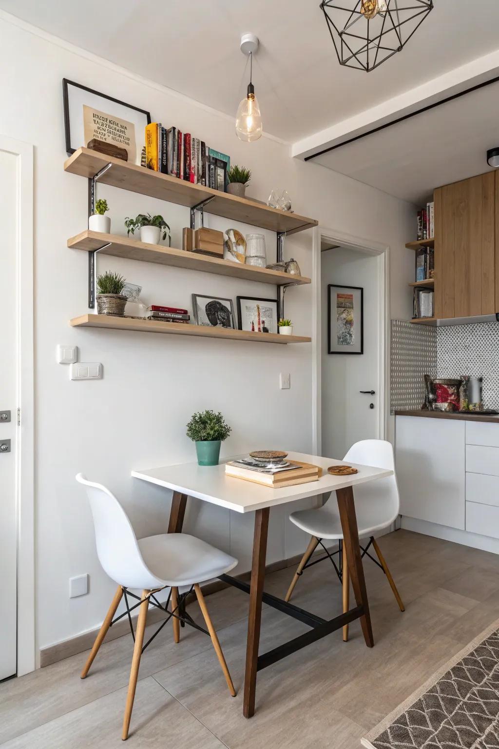 In eating areas, floating shelves combine storage and decor.