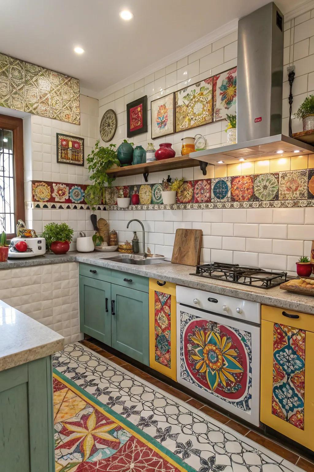 The kitchen is made more aesthetically pleasing and distinctive by the combination of tile patterns.
