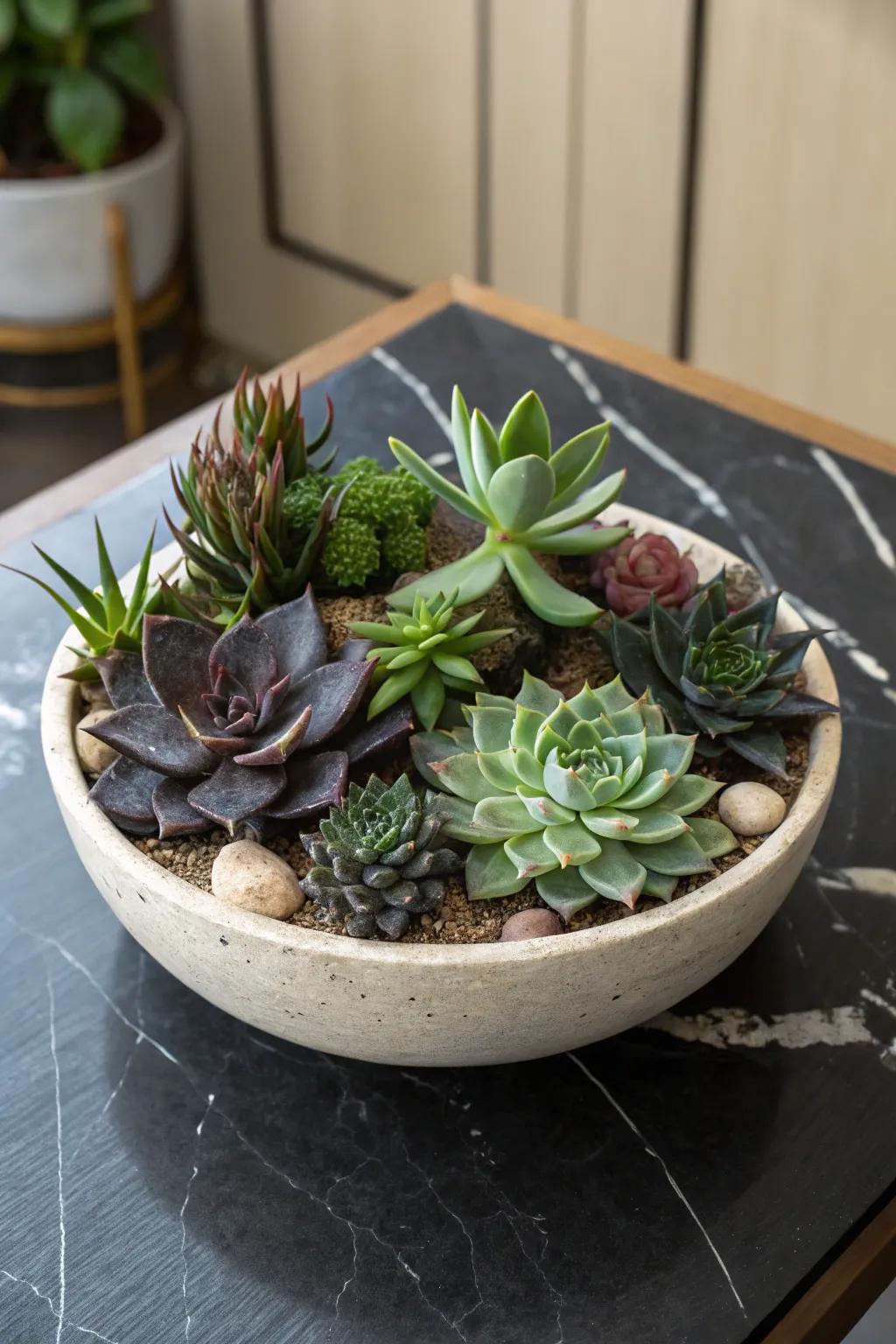 A dramatic succulent landscape using contrasting hues.