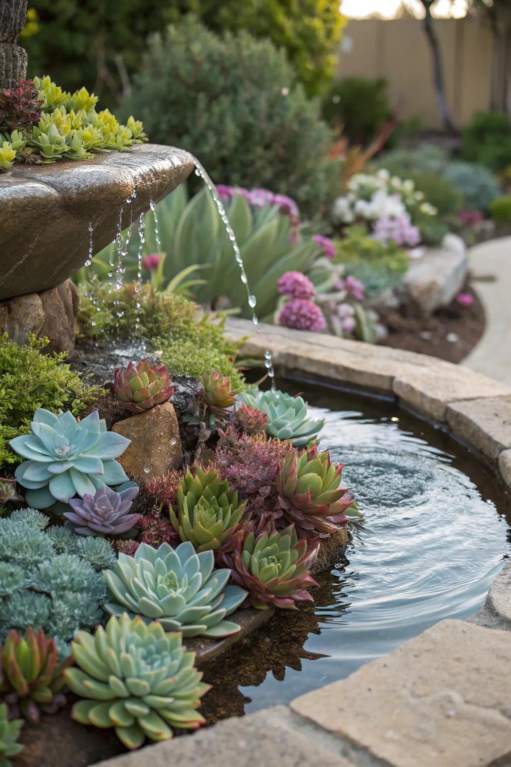 A tranquil garden pond feature surrounded by lush succulents.
