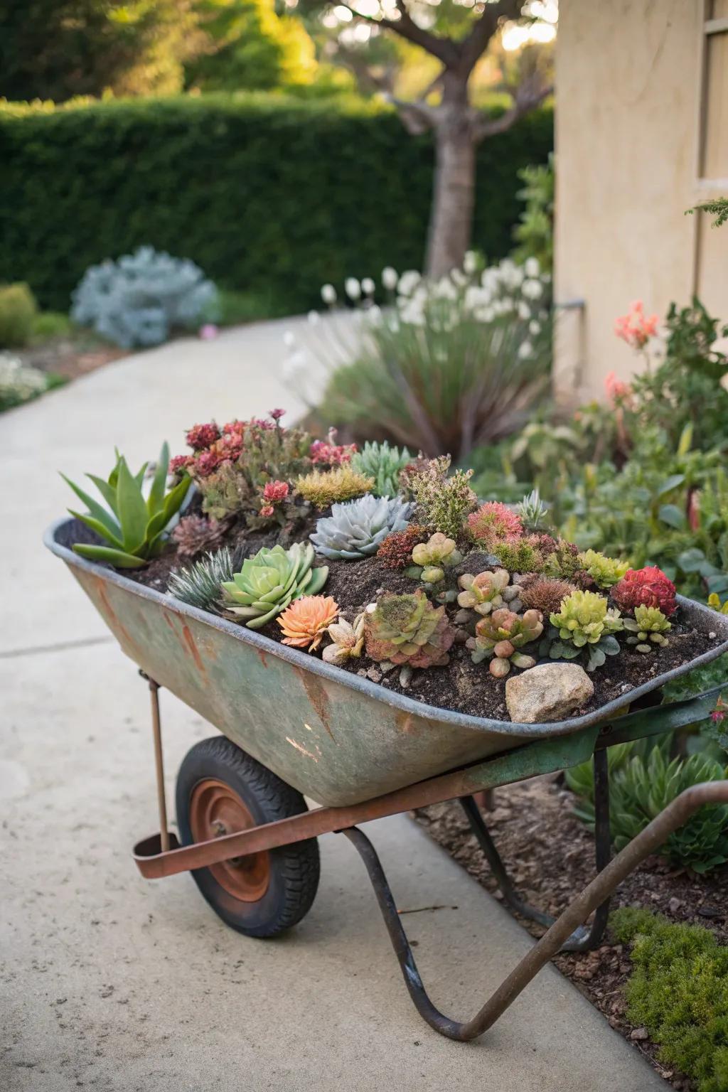 A wheelbarrow planter gives a quirky and rustic look to the garden.