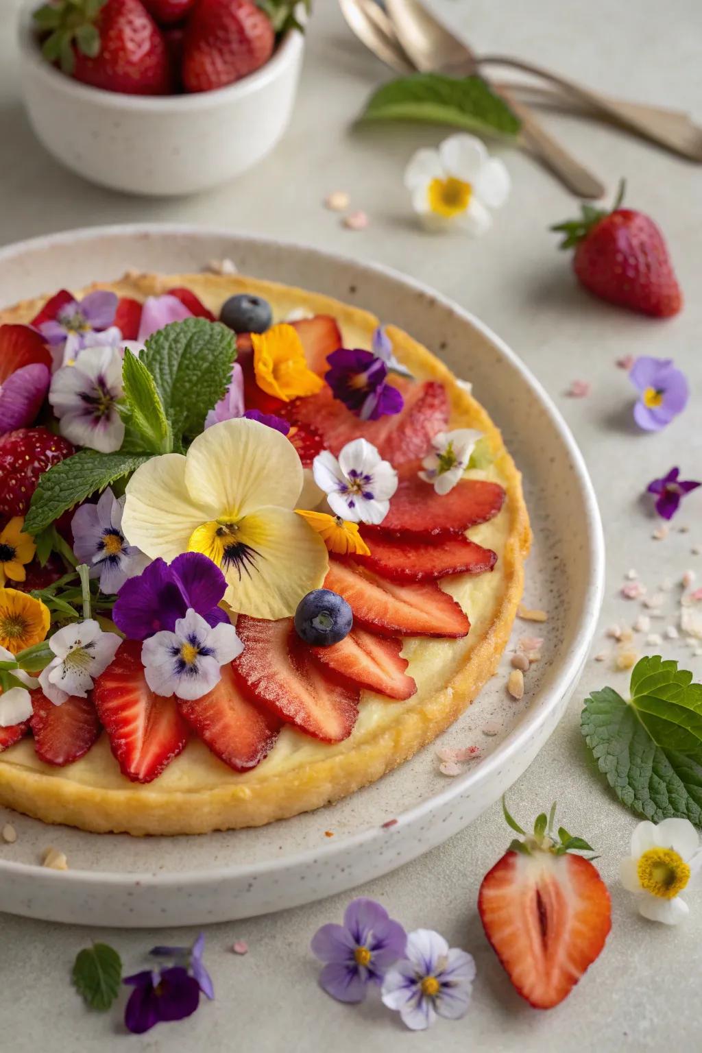 A visually stunning dish adorned with edible flowers.
