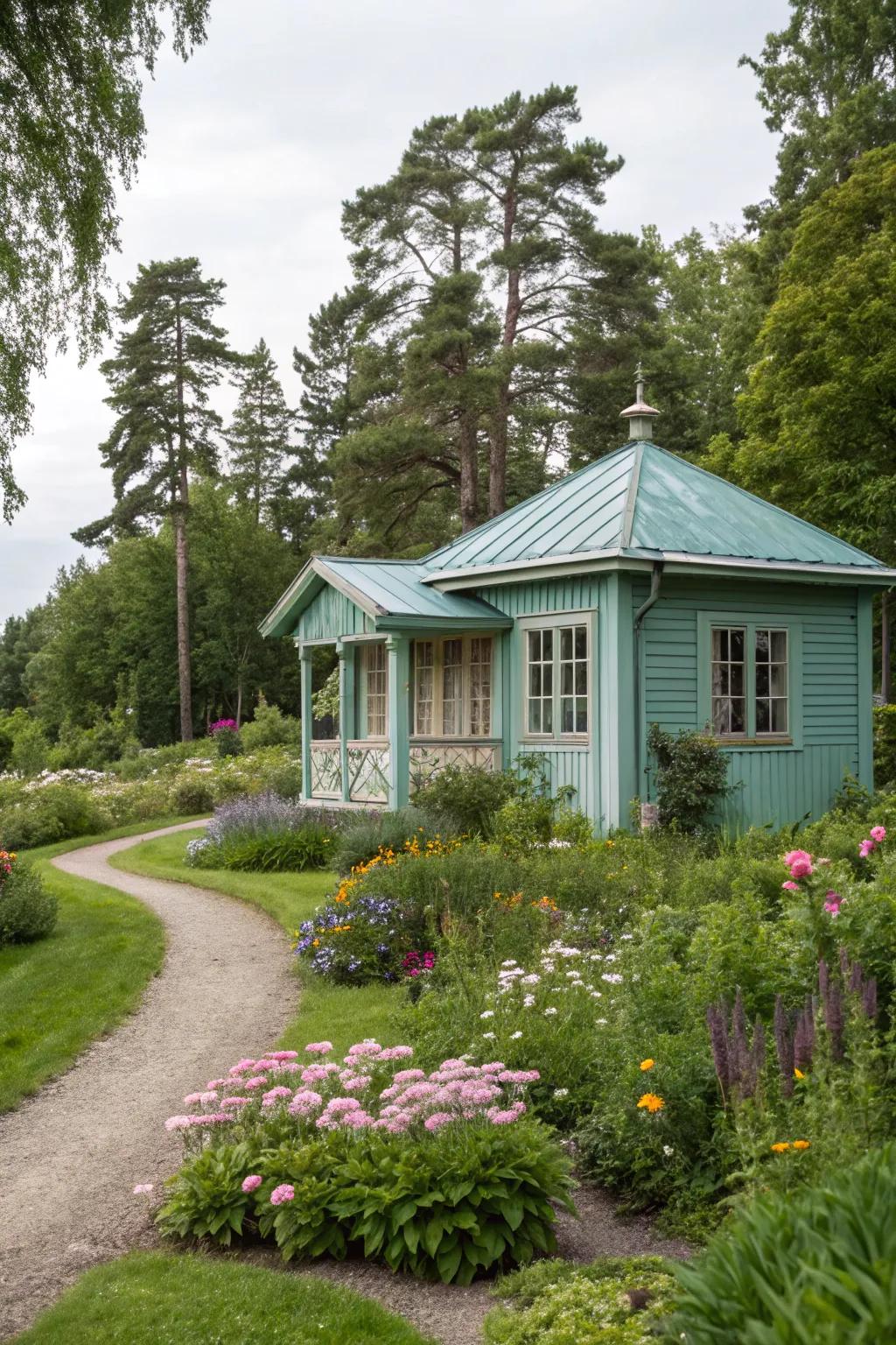 A stylish summer house in soft teal, giving a peaceful garden escape.