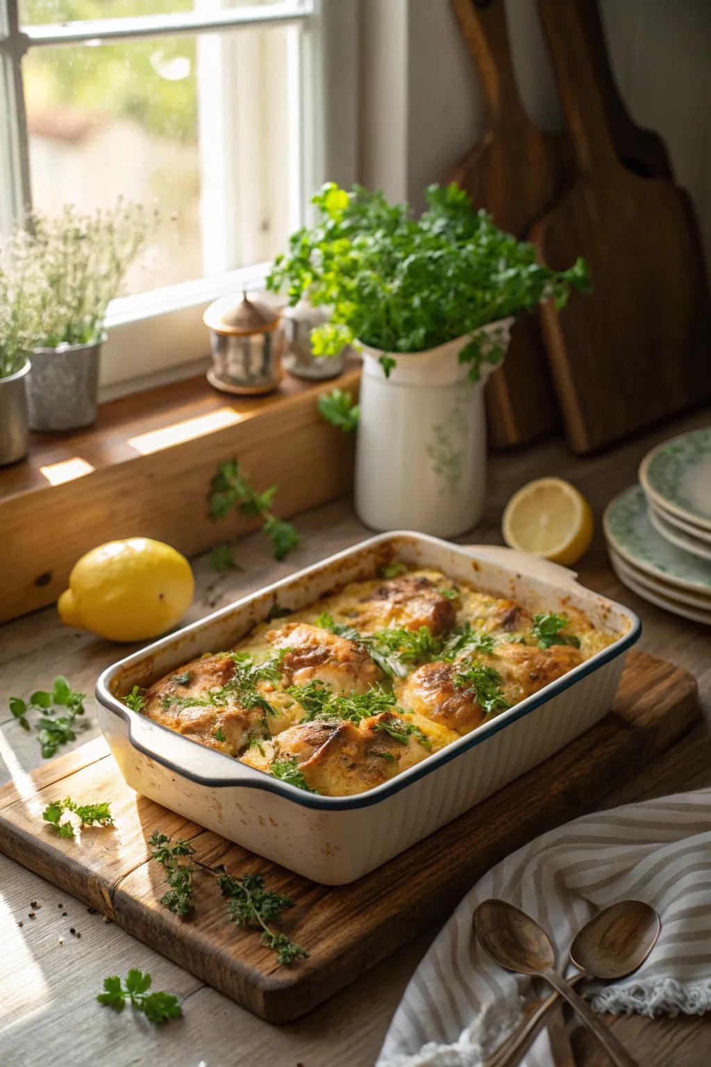 Zesty lemon and herb chicken bake, a refreshing Sunday treat.