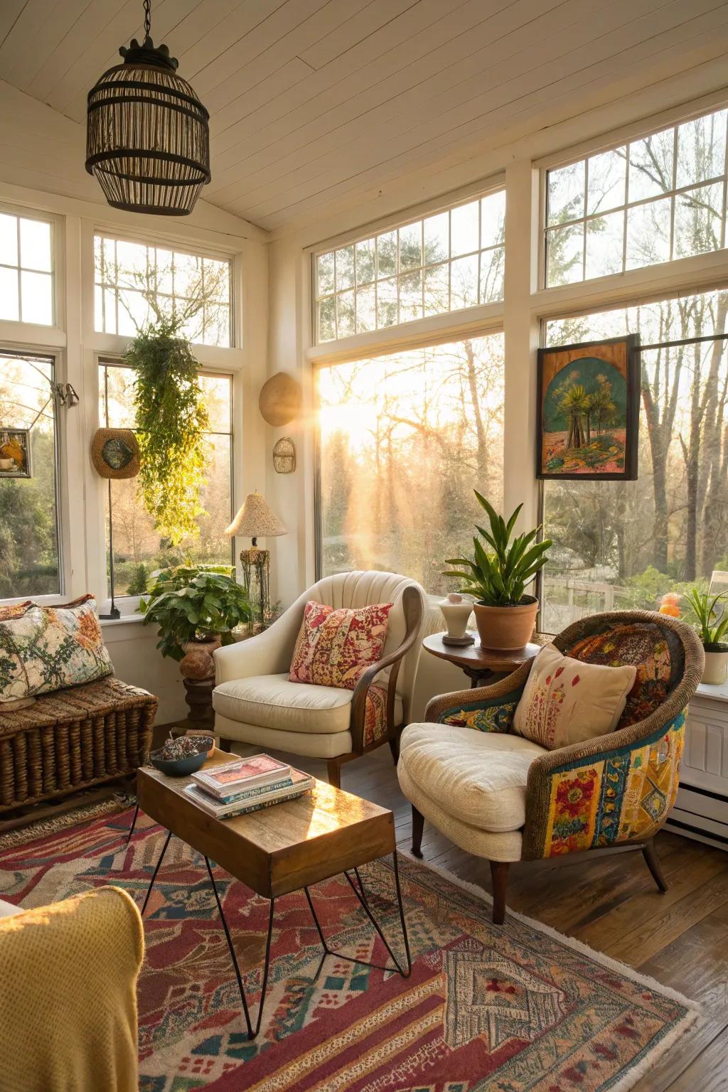 A varied mixture of styles gives the sunroom a distinctive character.