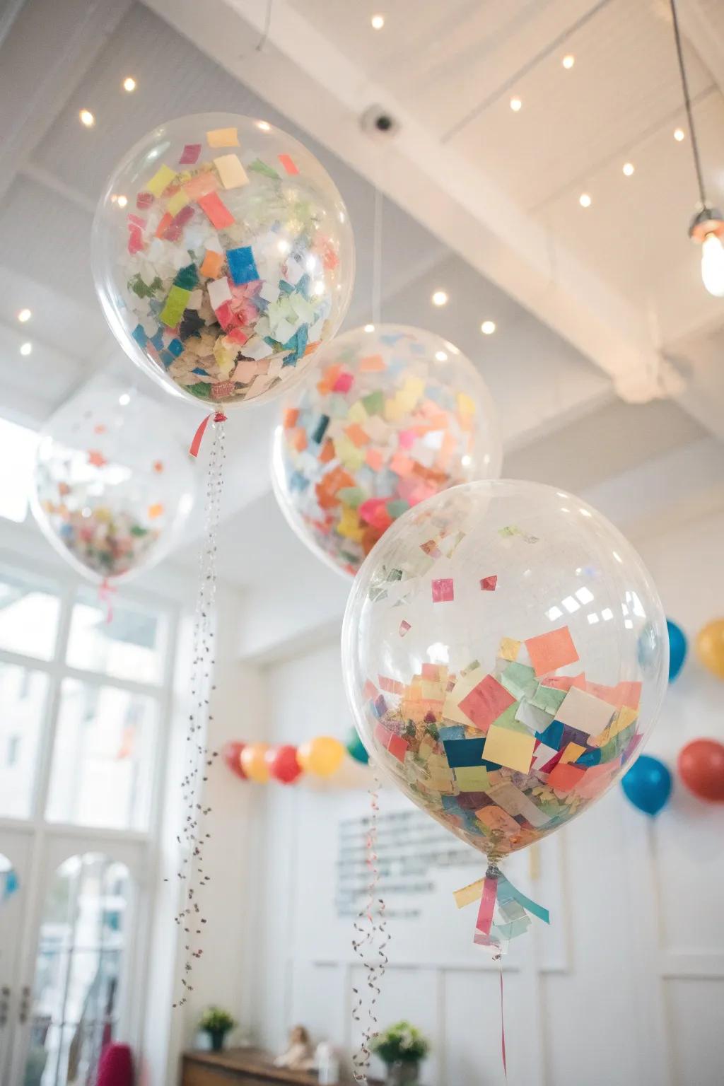 Transparent balloons filled with amazement notecards delight attendees.