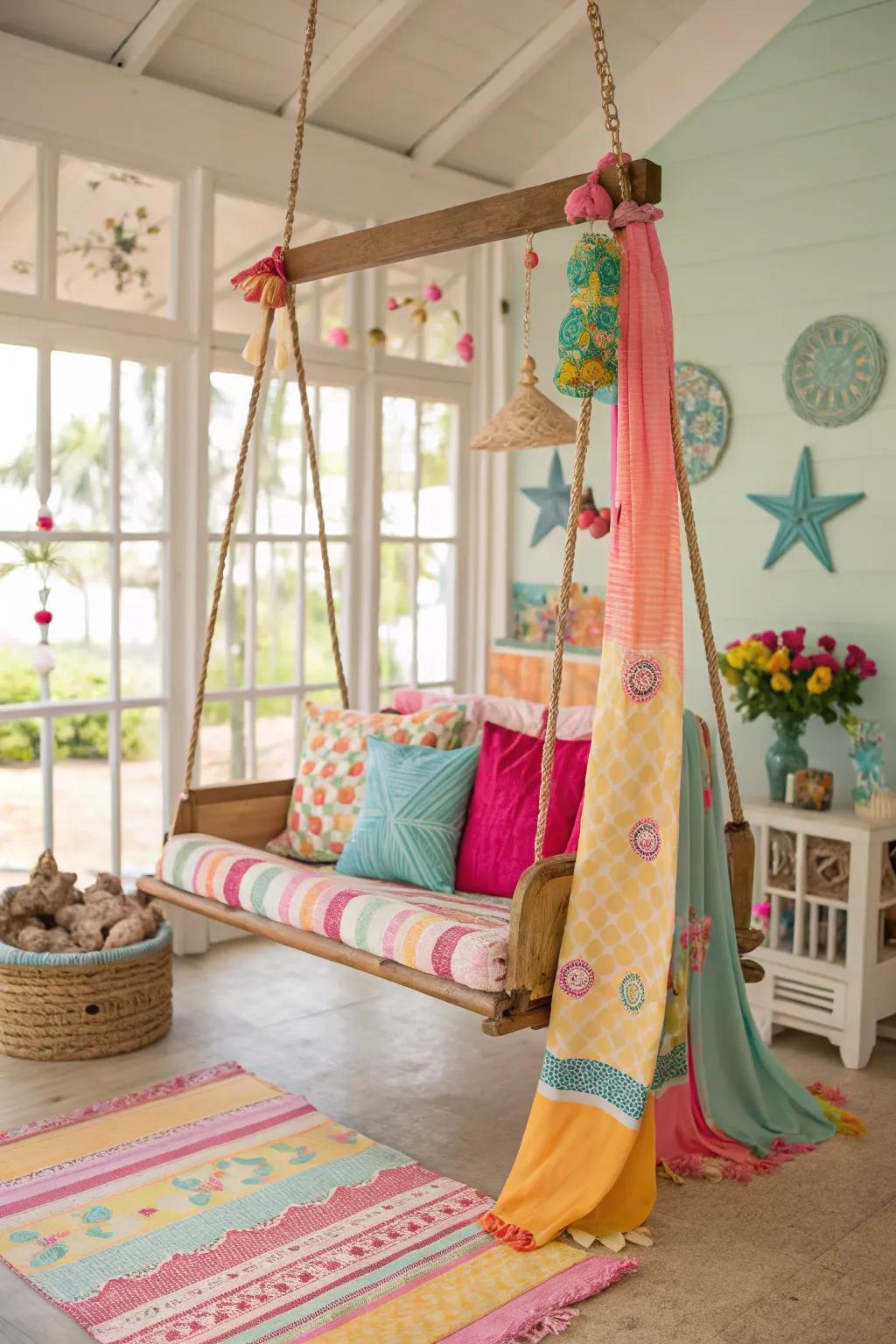 A styled swing injects summer cheer into your living space.