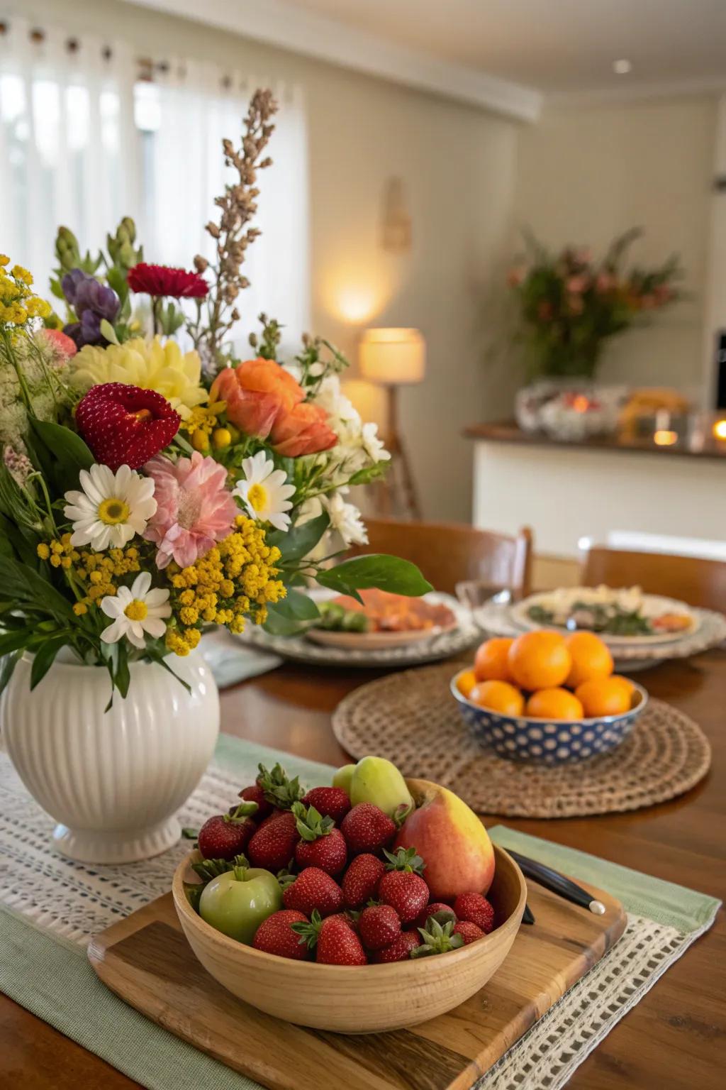 A vibrant centerpiece pairing fruits and flowers for a fresh aesthetic.