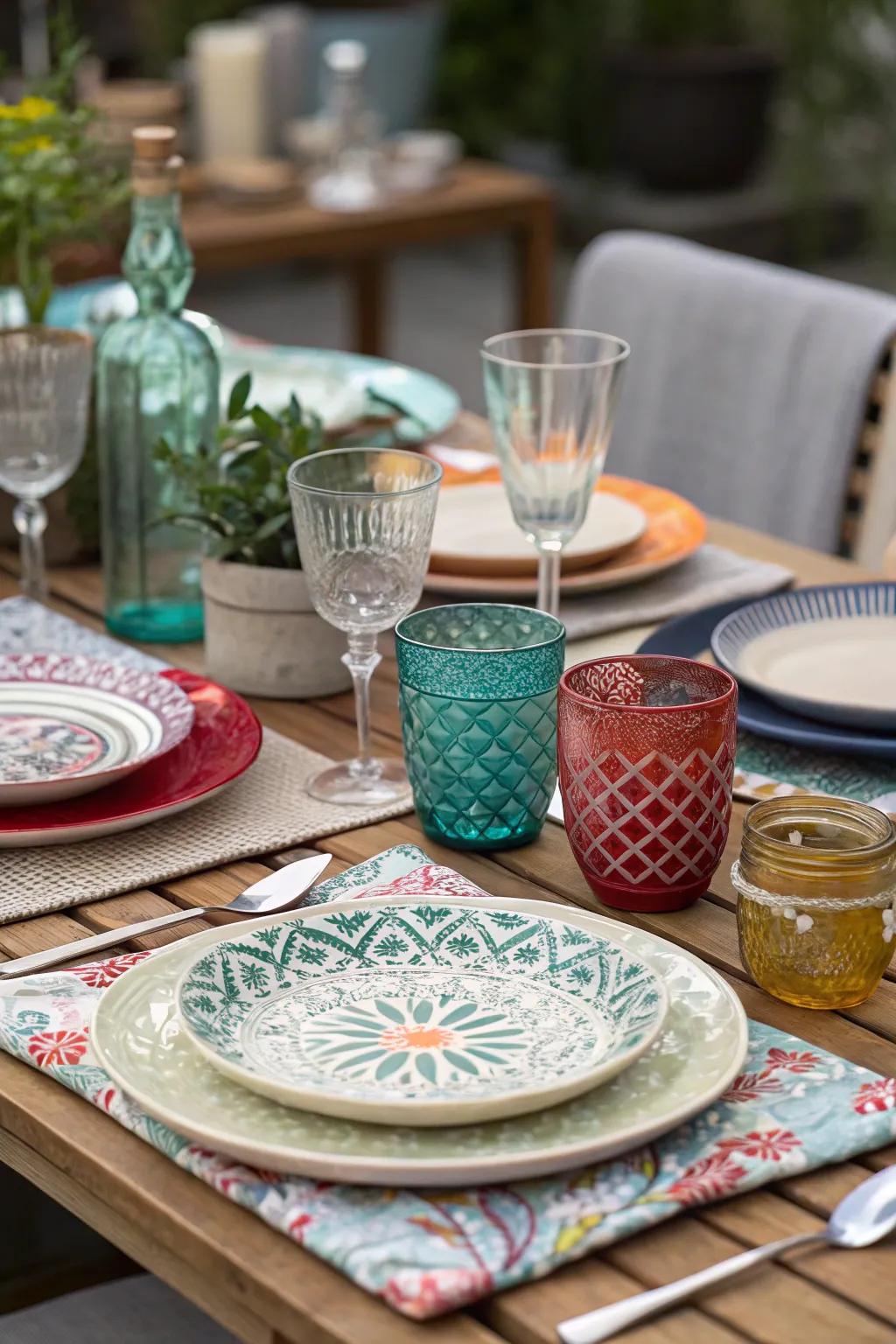 Combining and coordinating varying designs creates a vibrant table.