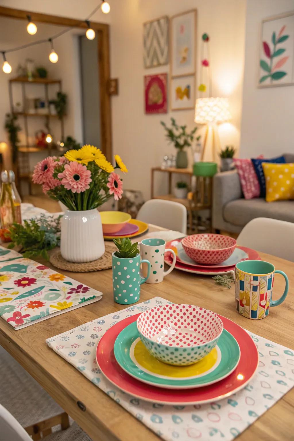 Design a whimsical table that showcases playful patterns alongside decor.
