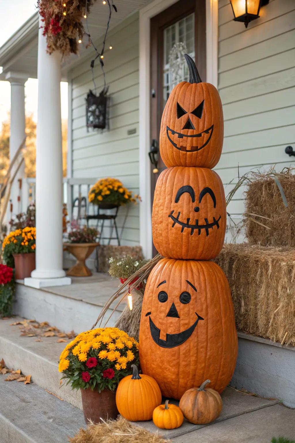 Showcase a spectrum of emotions using a triptych of expressive faces on one pumpkin.