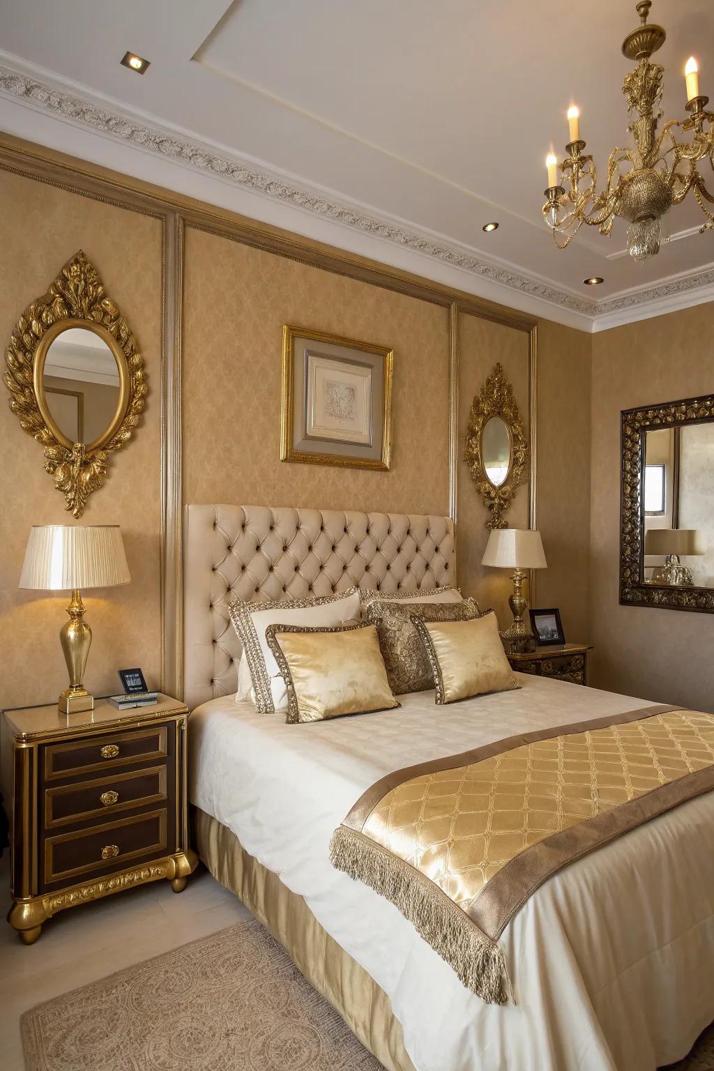 The tan decor is made stylish by gold accents.