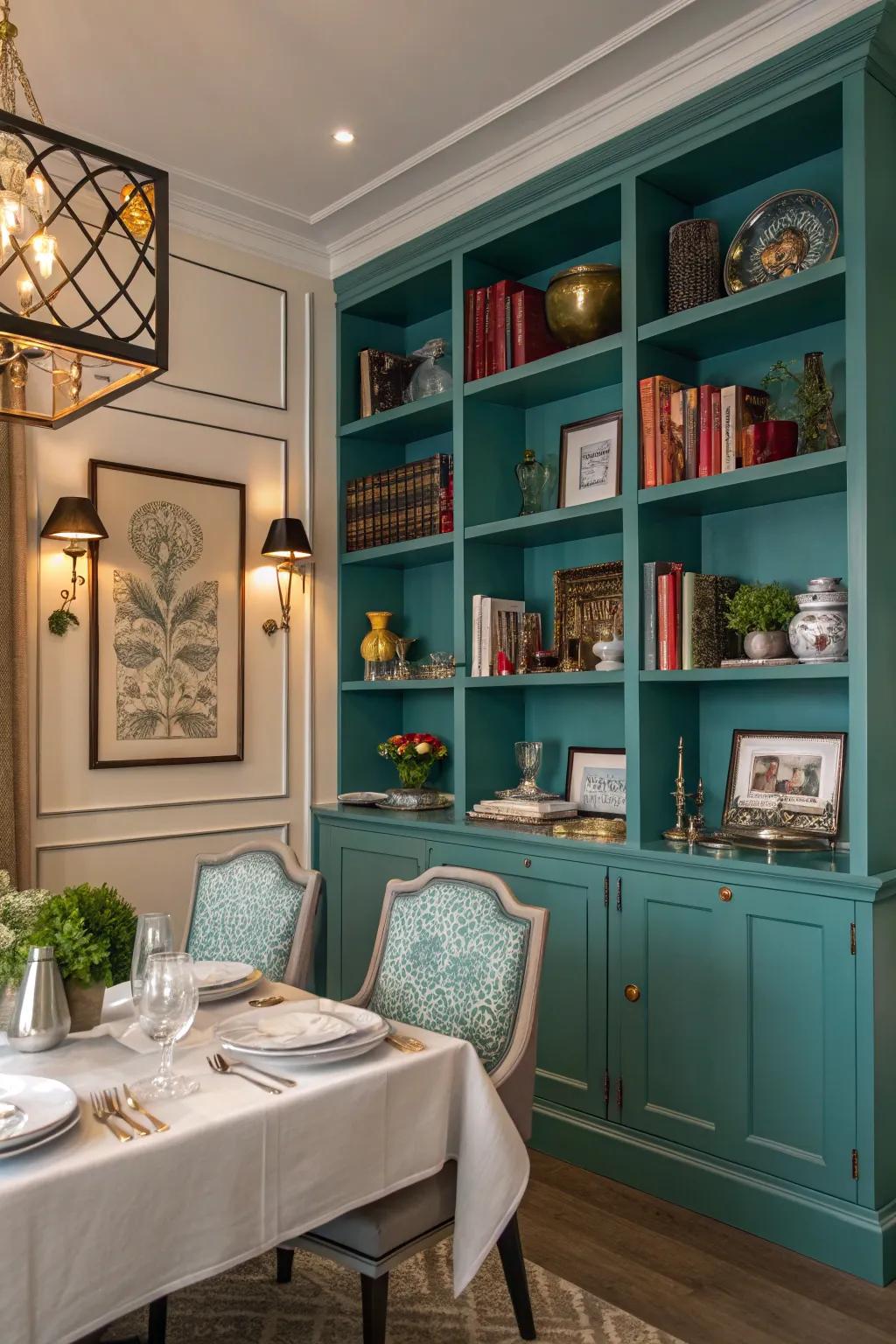 Teal shelving enhances color and showcases decor