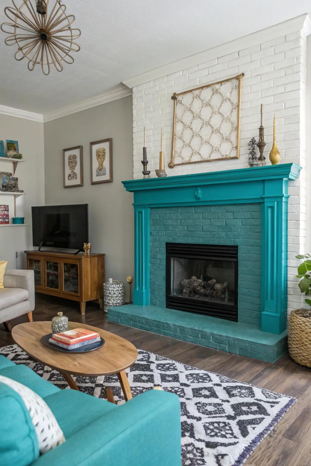 This living area is centered around an eye-catching teal fireplace.