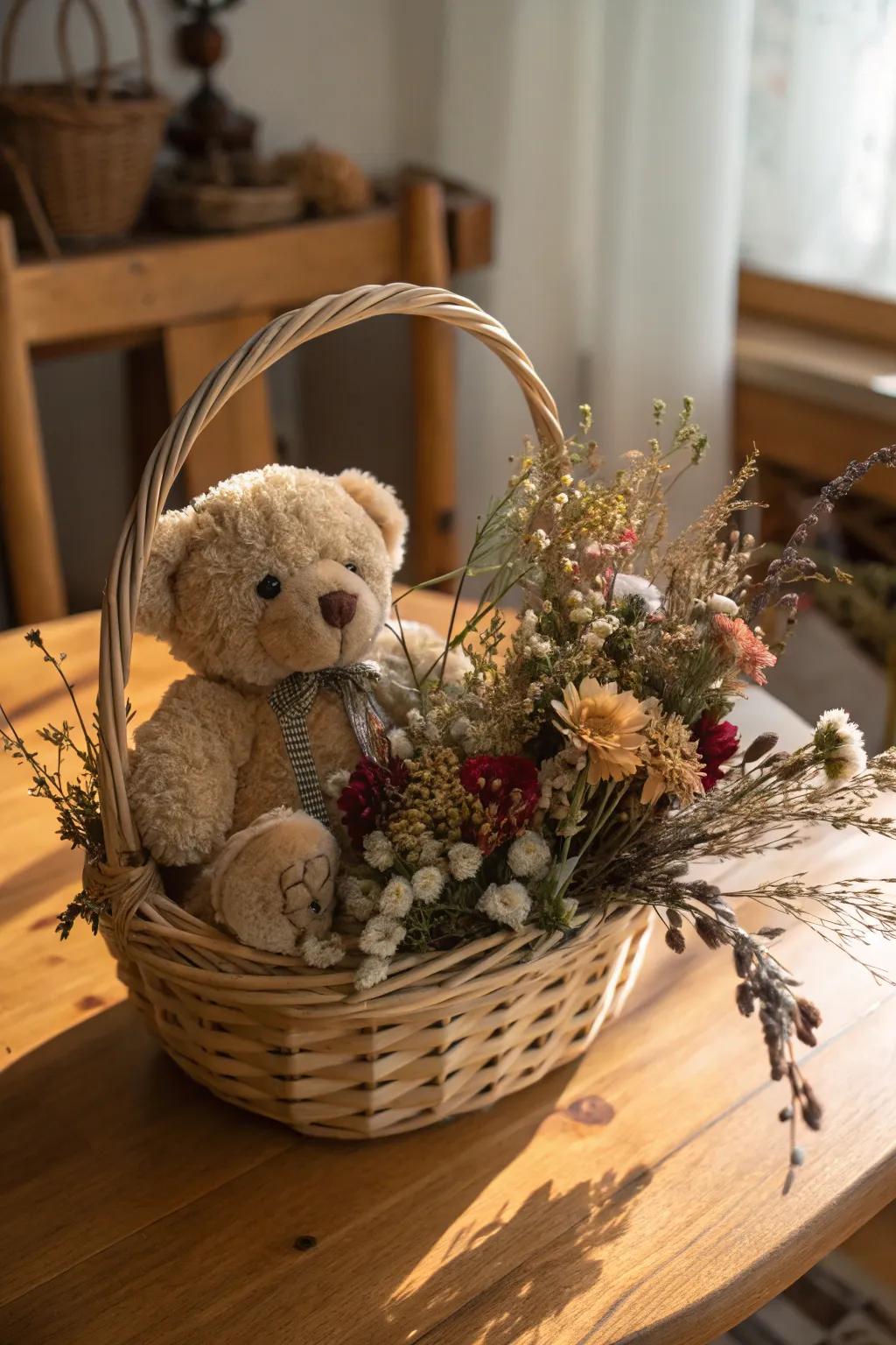 Nature's container featuring a cuddle toy and dried flowers.