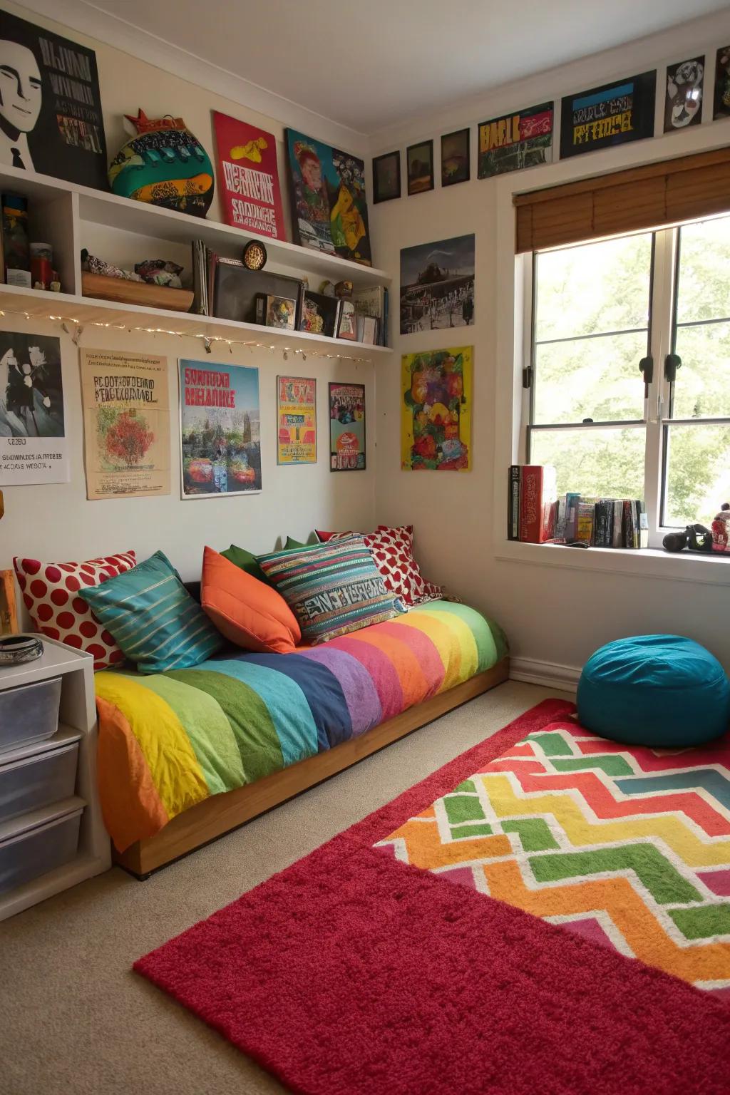 Bright spots of color from pillows and a rug make this teen boy's room fun.