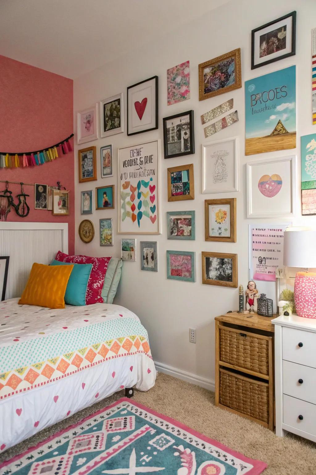 An eclectic gallery wall contributes a lively and expressive element to a teen girl's room.
