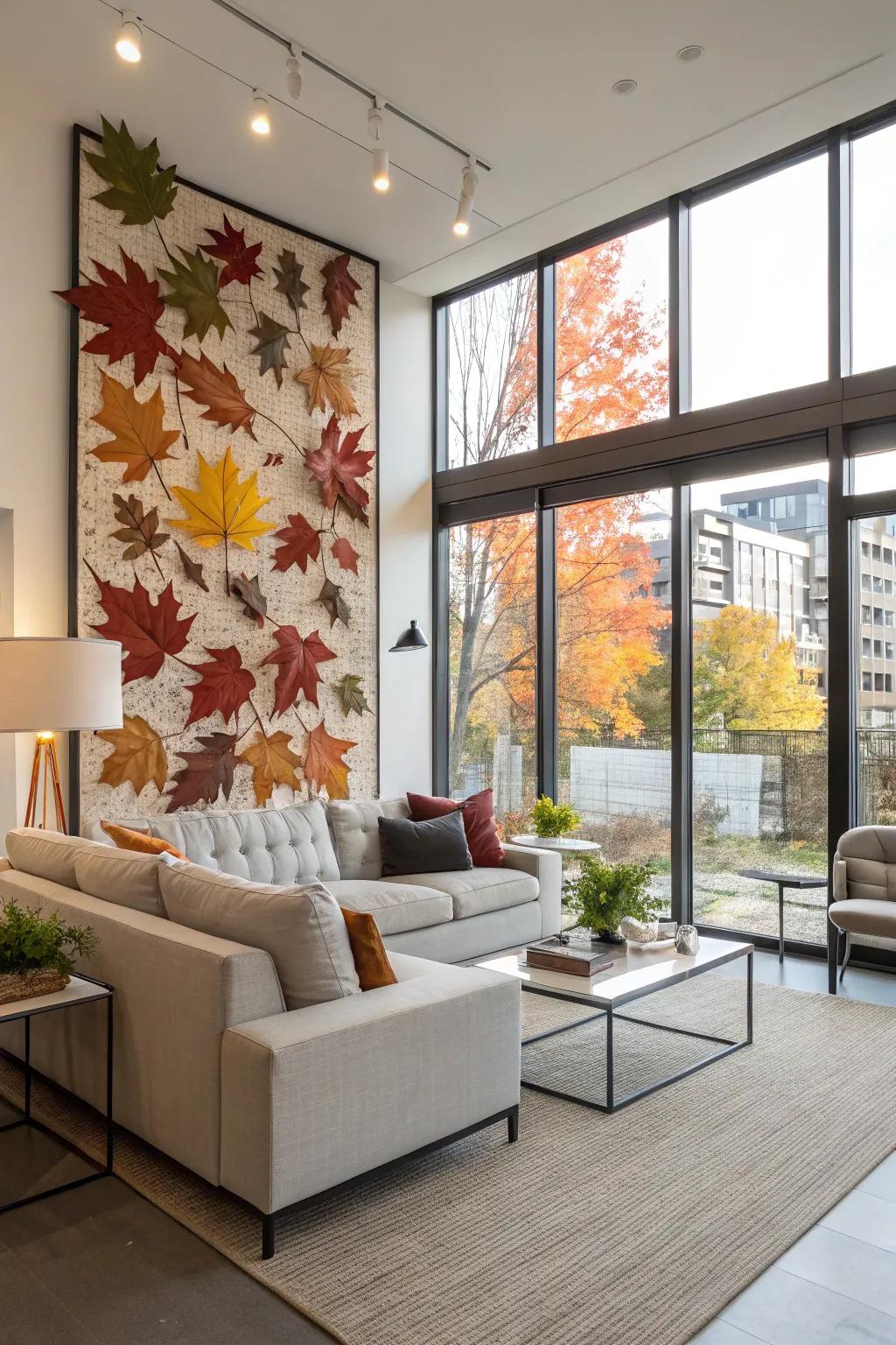 A seasonal art display brings dynamic flair to a movable wall.