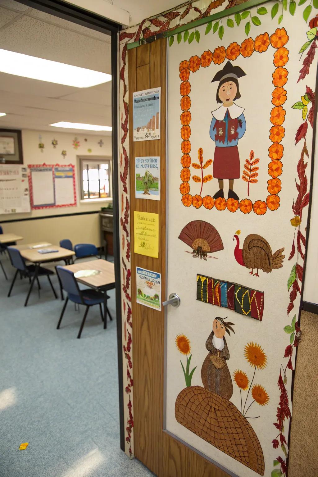 A historical Thanksgiving door design blending education and art.