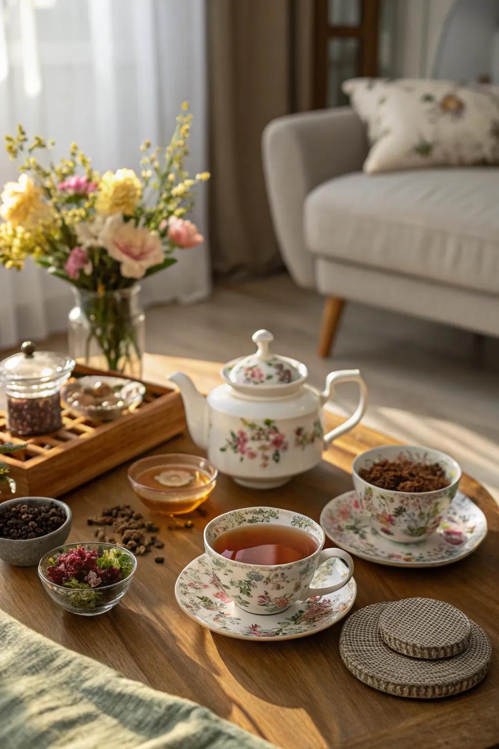 A tea tasting experience adds a stylish touch to the celebration.