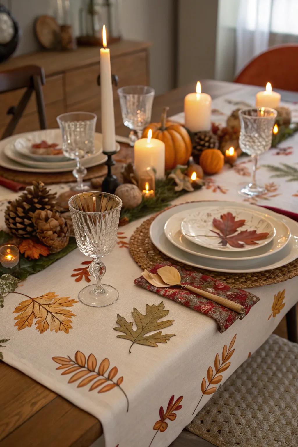 A theme-based table overlay ties your Thanksgiving decor together.