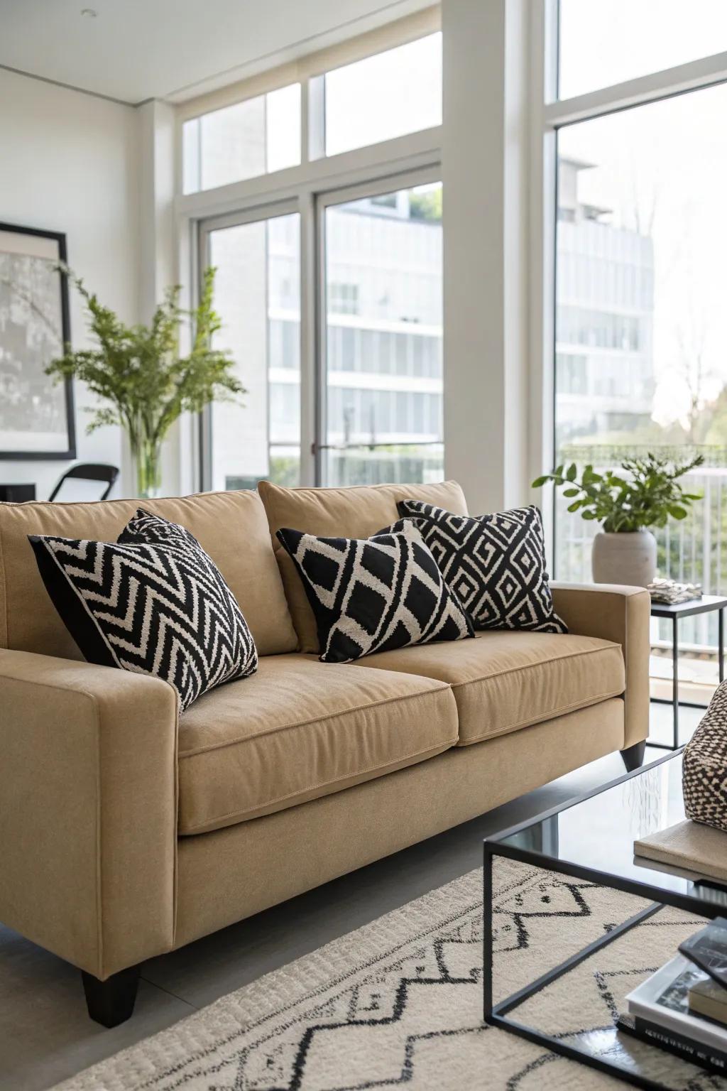 Dark and light pillows create a bold and timeless contrast.