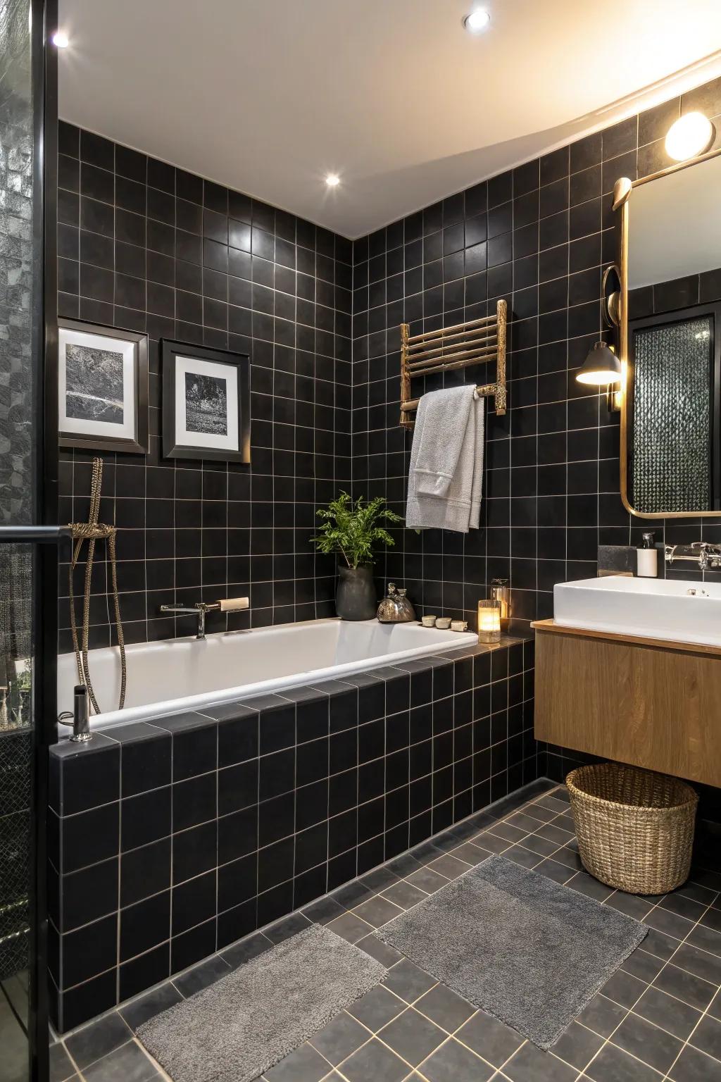 Dark tiles create a dramatic and sophisticated look for your bathtub area.