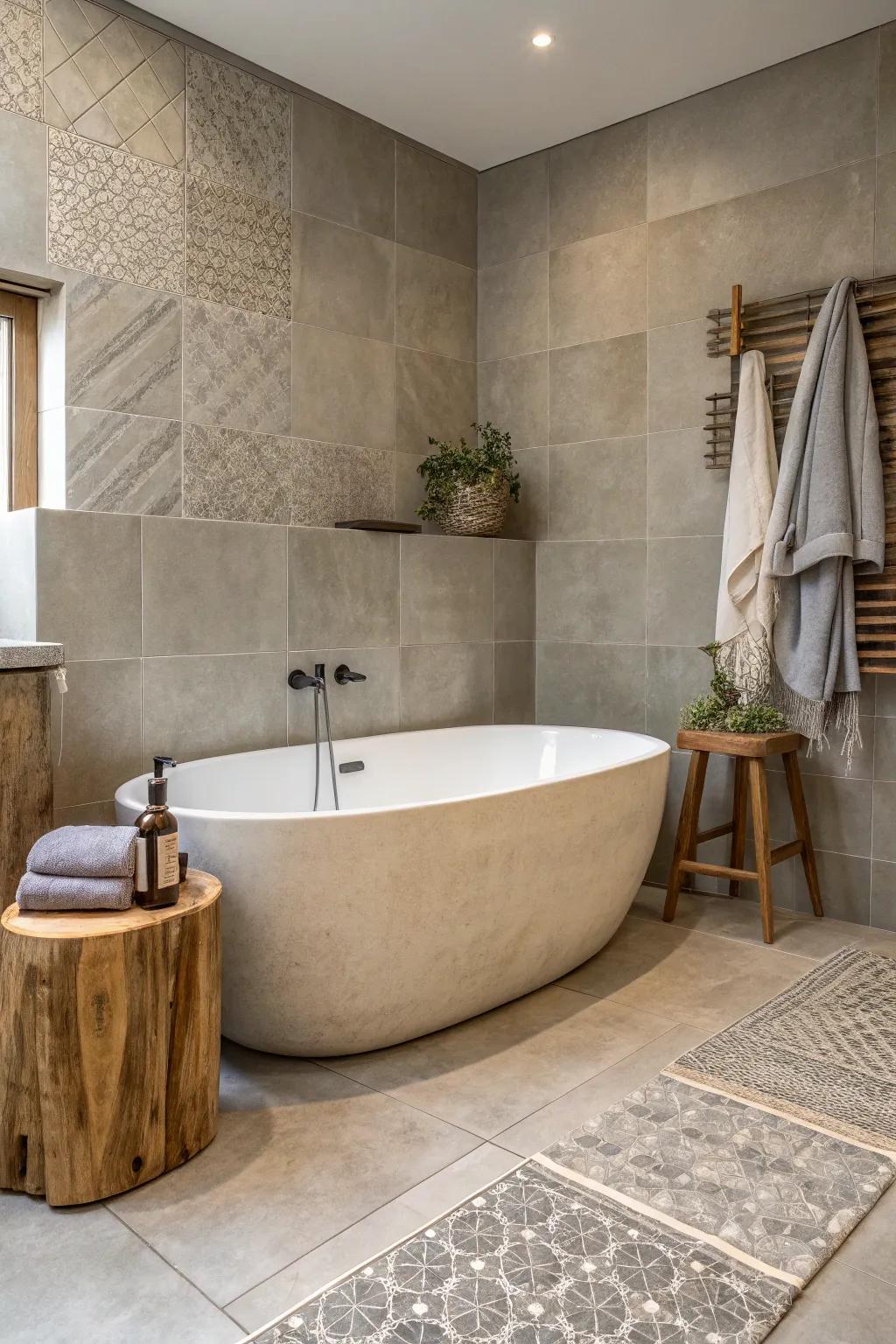 Elevate your bathroom with chic concrete-look tiles for a stylish industrial edge.