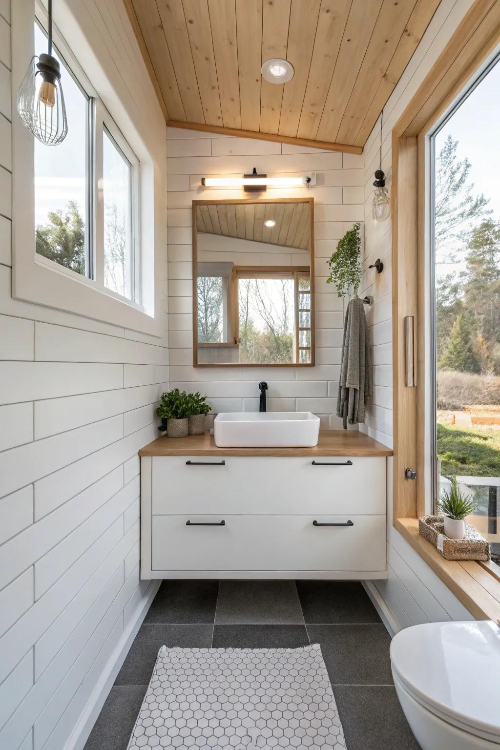 Floating sink units generate a sense of modernity and openness.