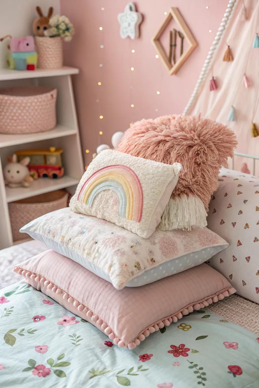 Layered throw pillows introduce texture and comfort.