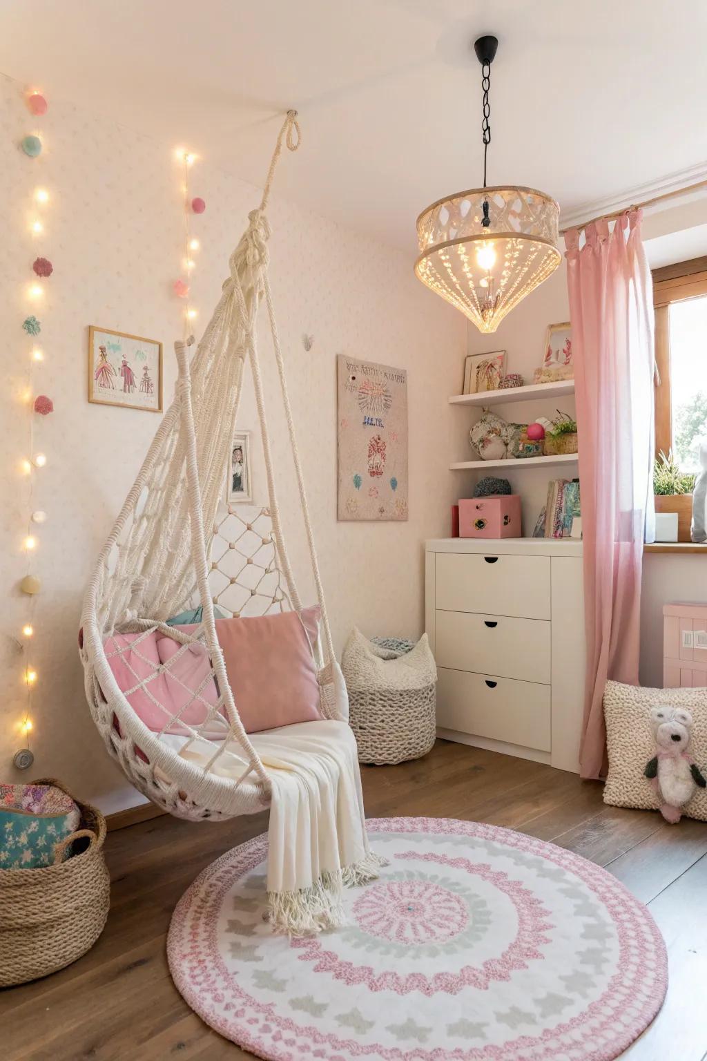 A hanging seat pod offers playful seating.