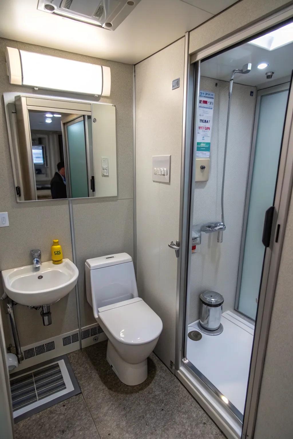 Area-saving style with compact sanitaryware inside a washroom.