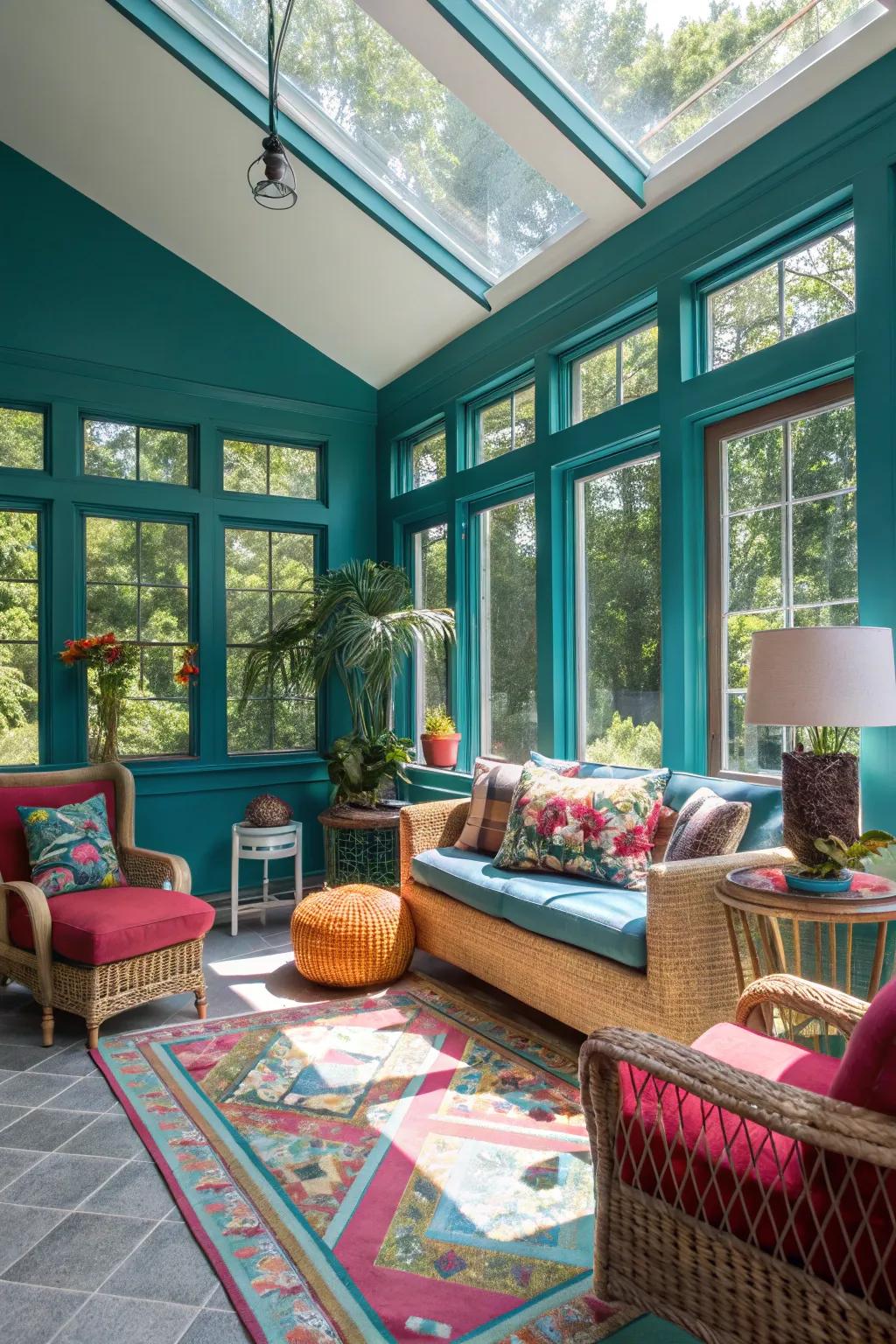 Bold teal walls giving the sunroom a refreshing and vibrant look.