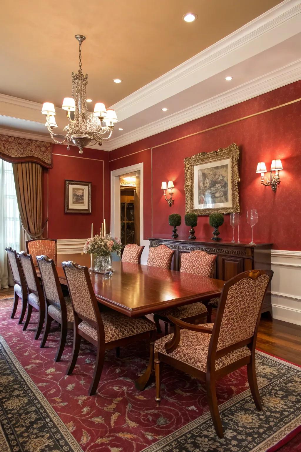 A townhouse dining space featuring rich red walls for a bold statement.