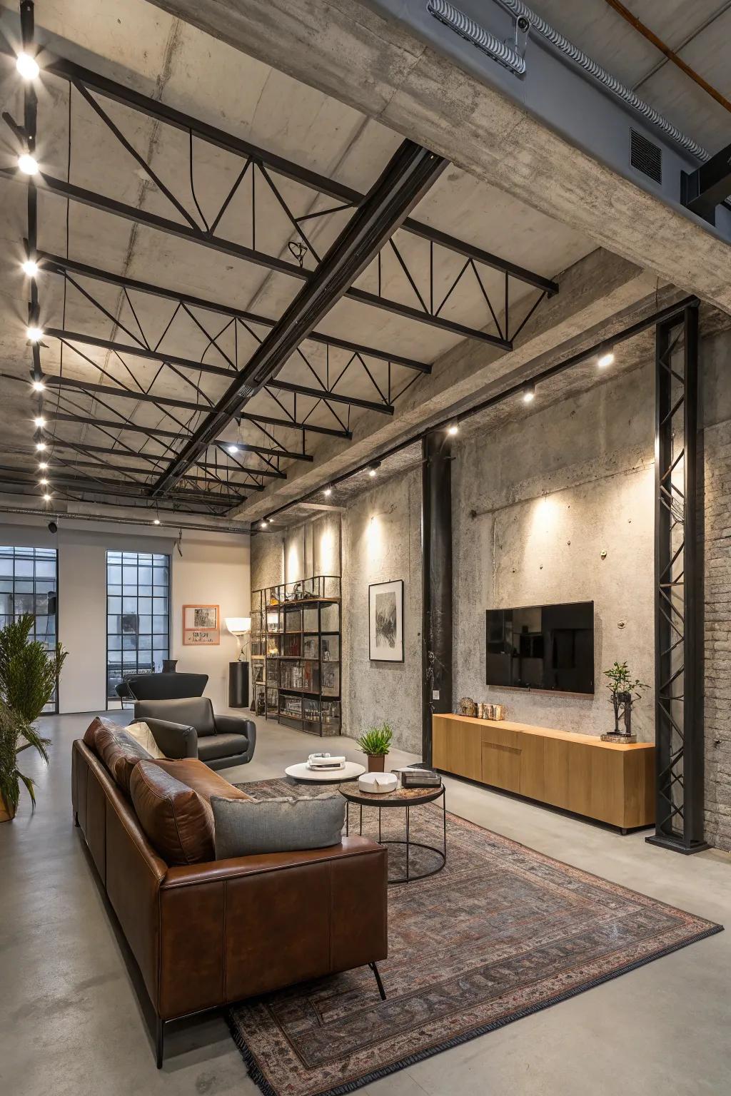 An urban living room showcasing exposed metal supports within a tray ceiling.