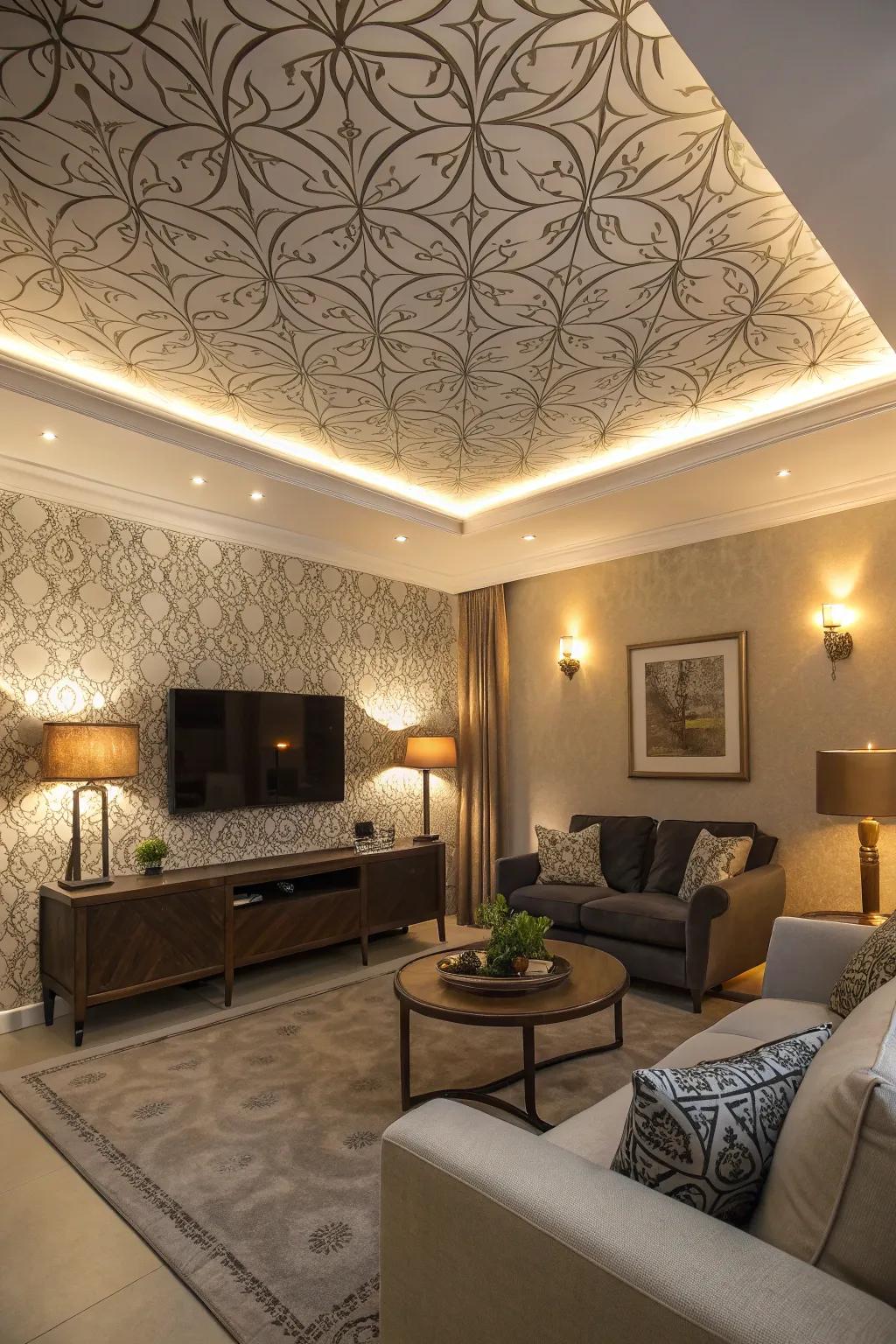 A stylish living space with a uniquely wallpapered tray ceiling.