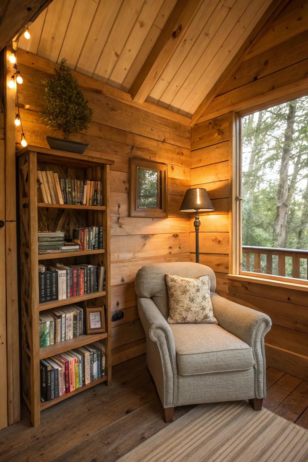 A small library inside a treehouse, supplying a cozy escape for book enthusiasts.