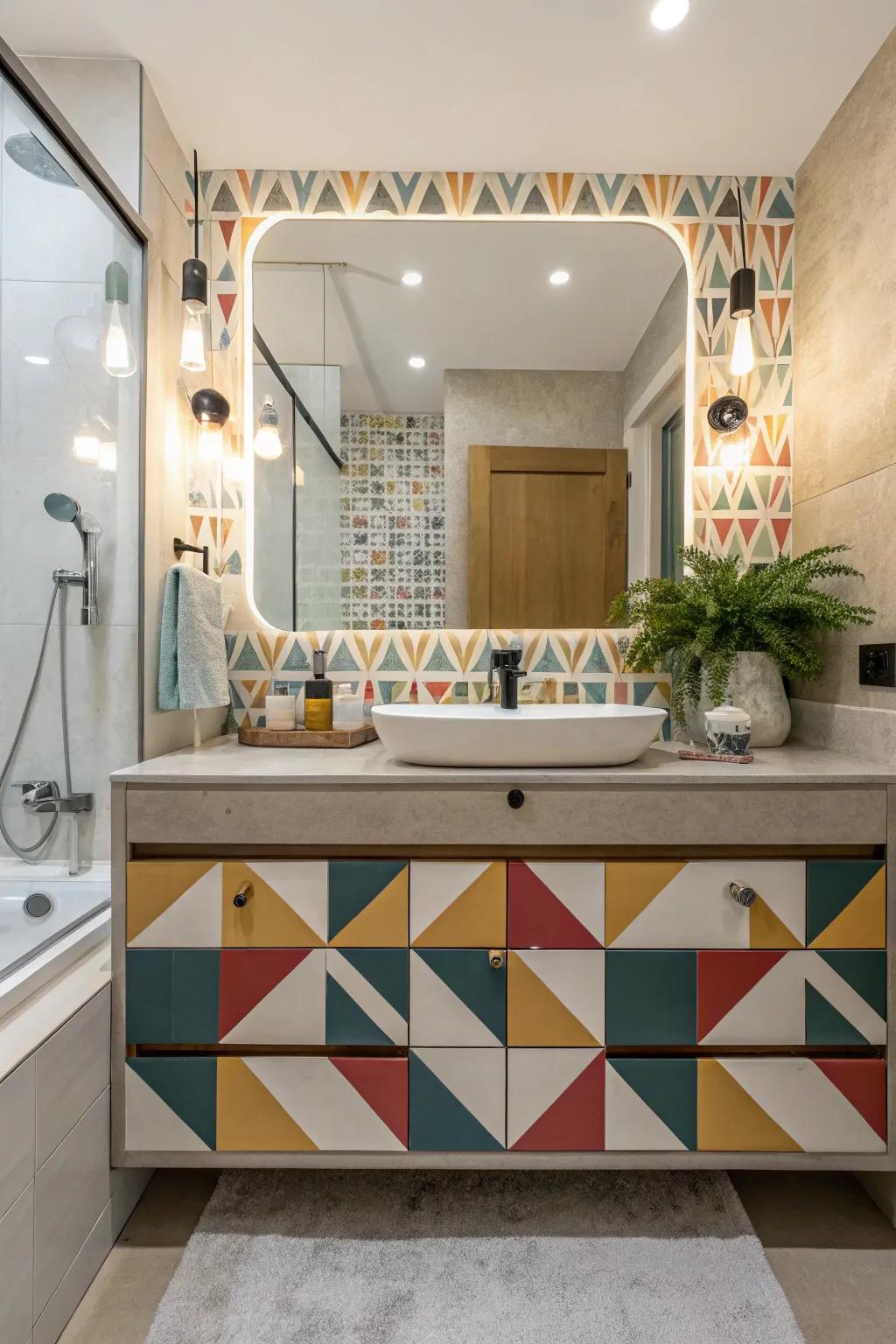 A modern bathroom vanity with geometric designs for a lively and engaging look.