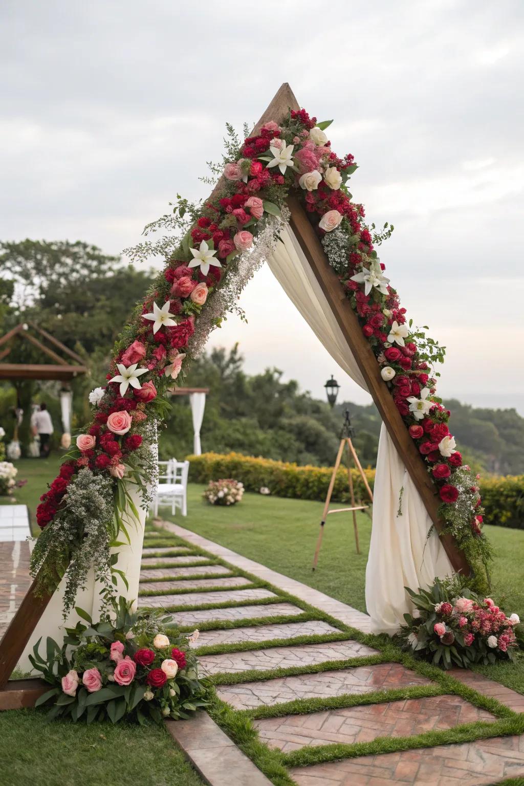 A timeless botanical triangular archway that remains a cherished choice for many.