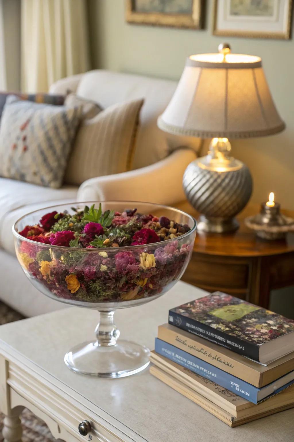 A trifle bowl acting as a fragrant potpourri holder.